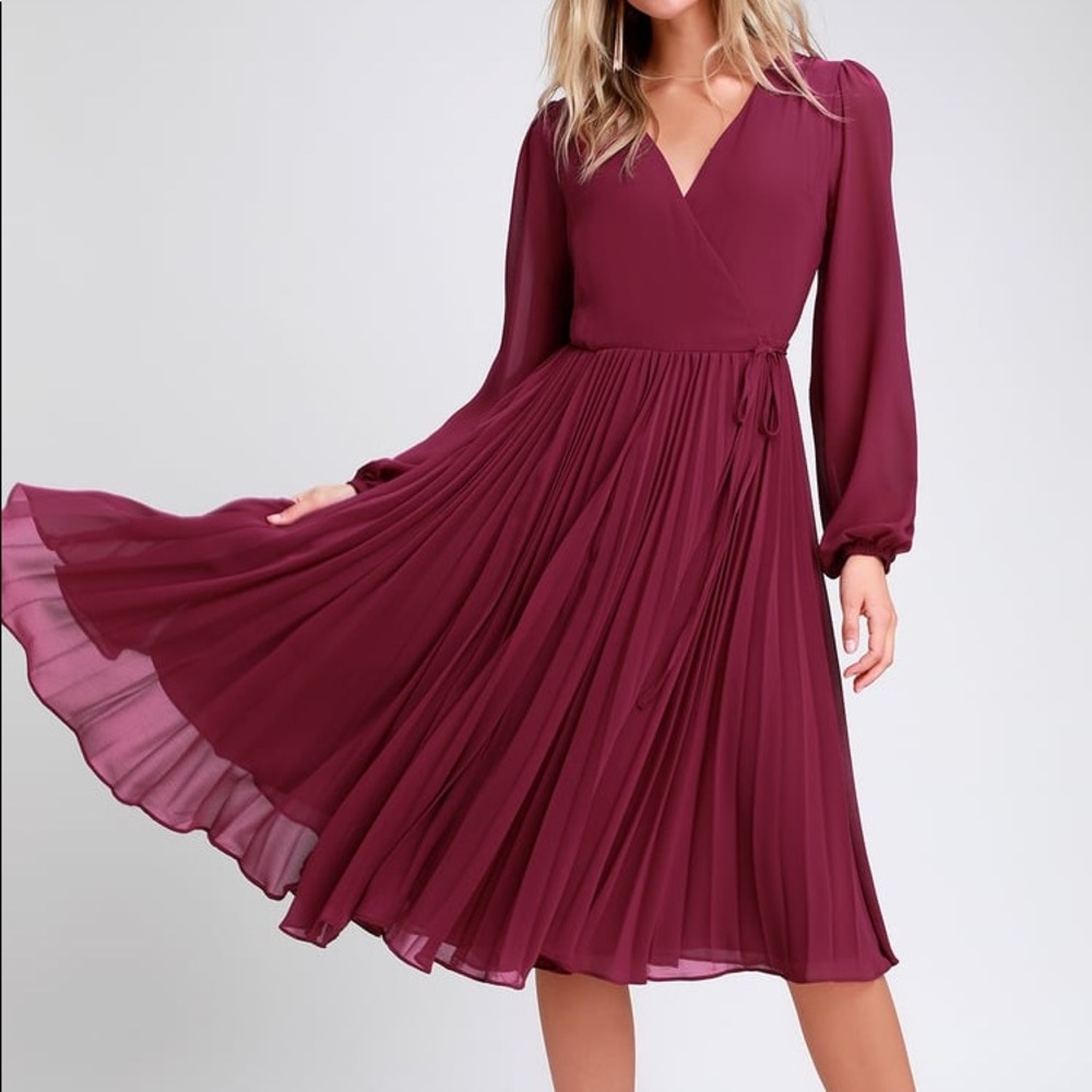 First Impression Magenta Pleated Midi Wrap Dress